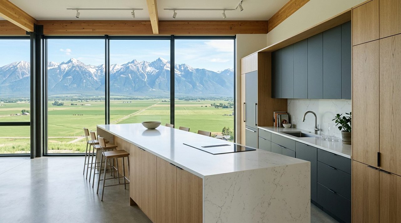 Contemporary frameless slab kitchen in rift-cut white oak and matte charcoal