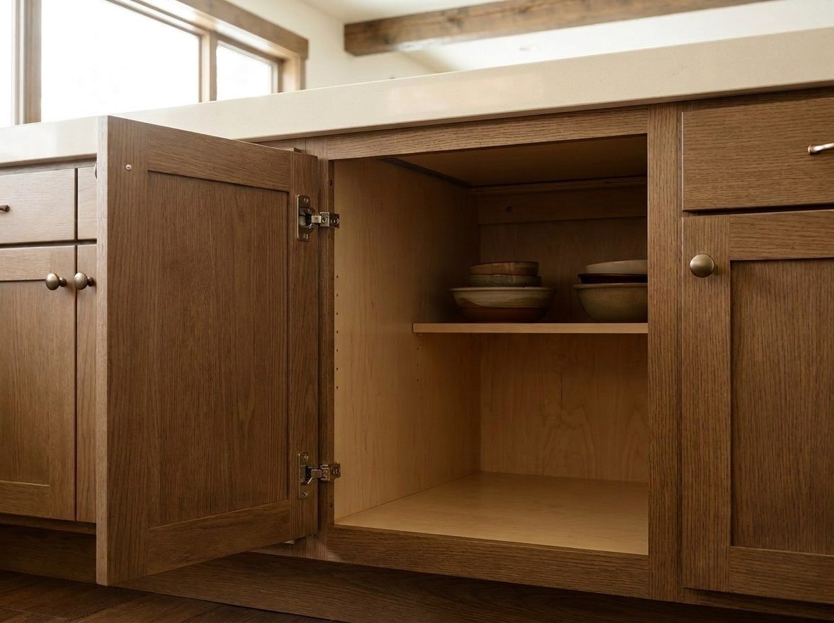 Framed base cabinet with its door open: an oak face frame runs around the opening and the door sits over it