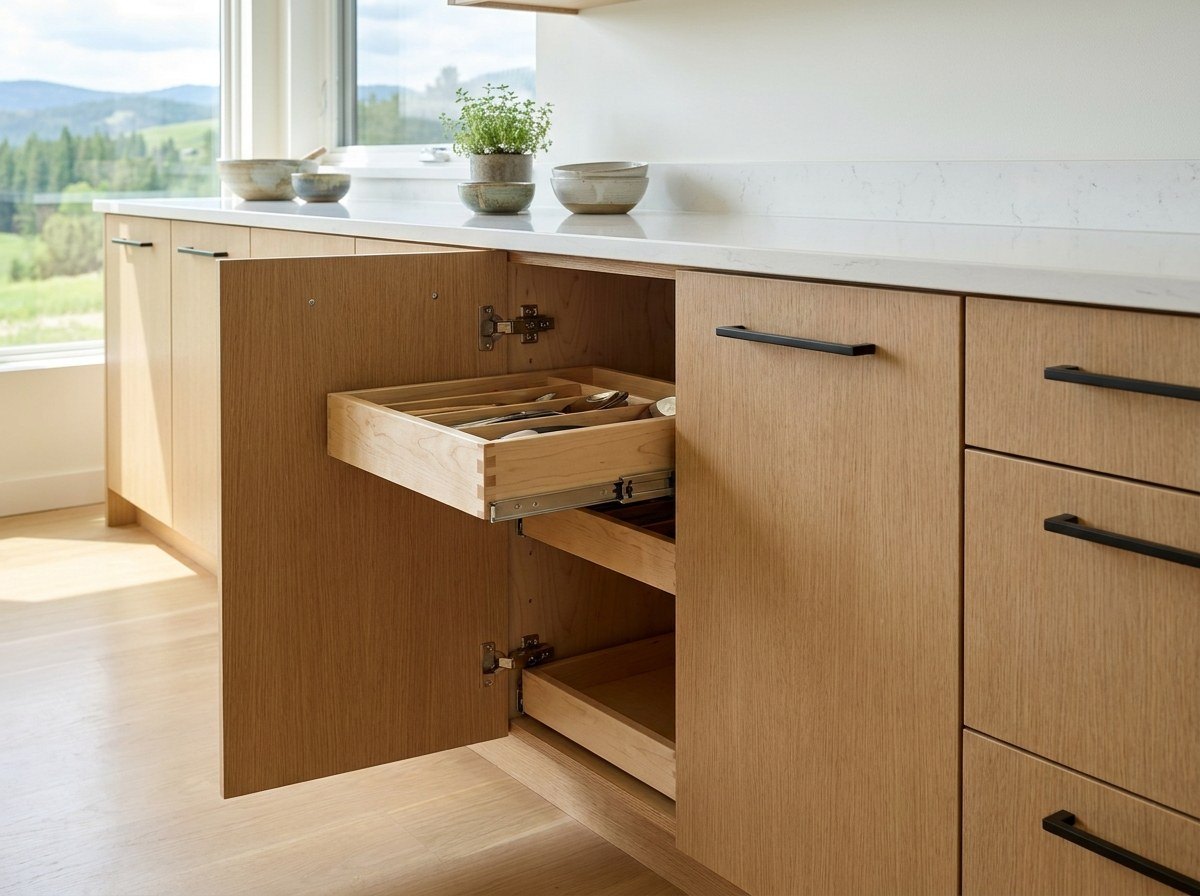 Frameless oak base cabinet with its door open: no face frame, and roll-out trays use the full width of the box