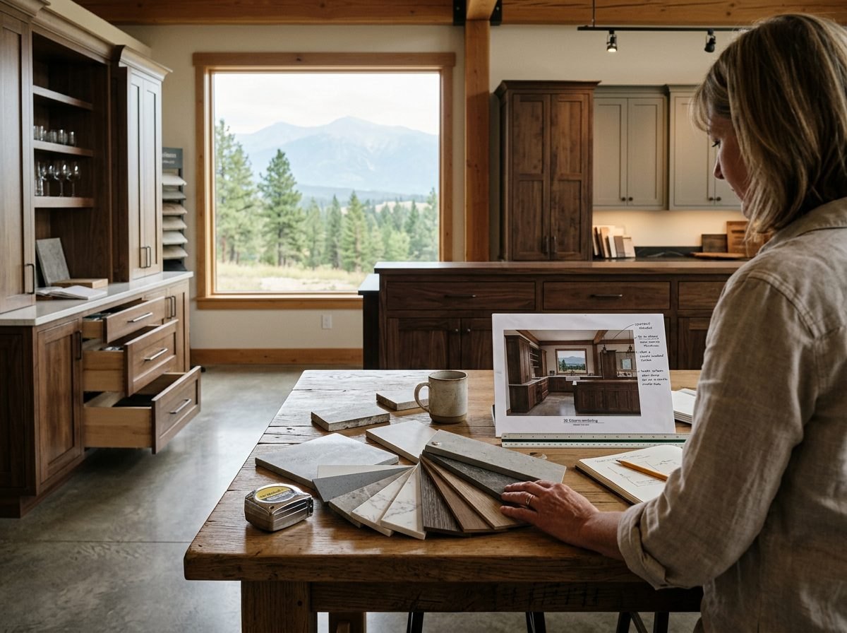 Countertop samples and design plans on a showroom worktable