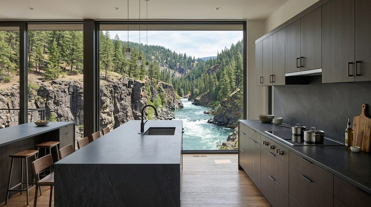 Matte charcoal Dekton countertops with full-height backsplash in a modern kitchen