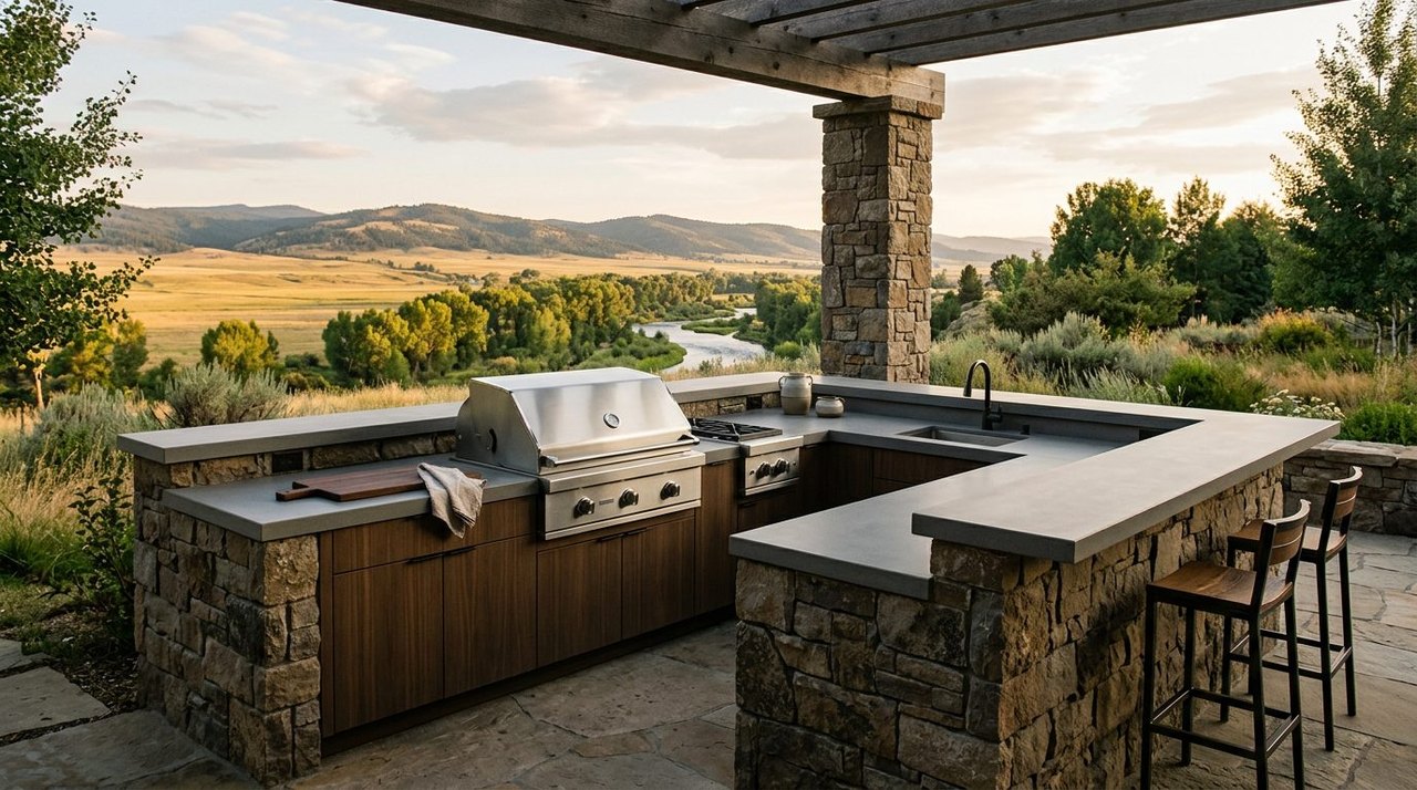 Outdoor grill kitchen with Dekton counters on a patio