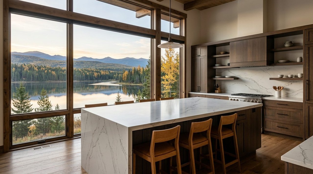 Veined white quartz island with seating