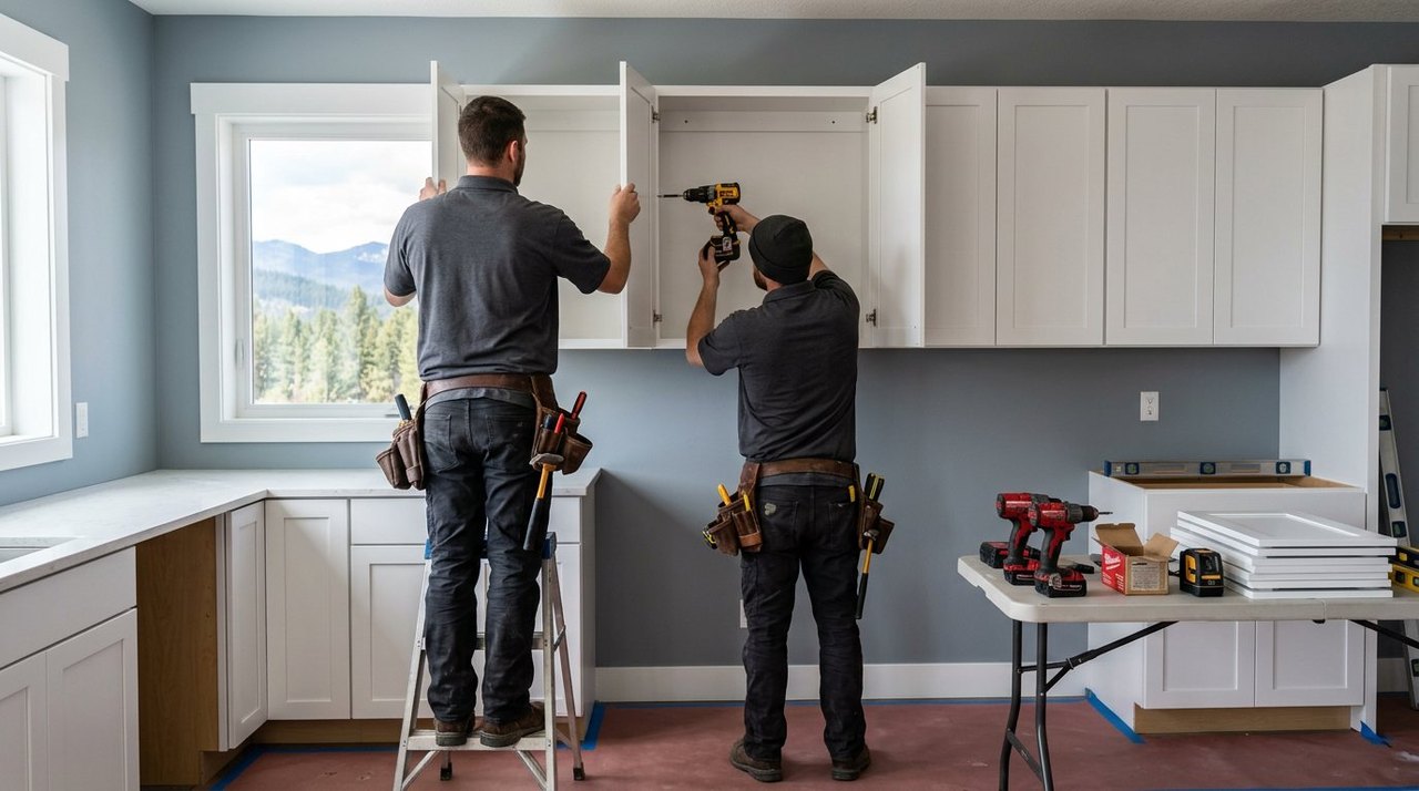 Installer setting cabinet hardware