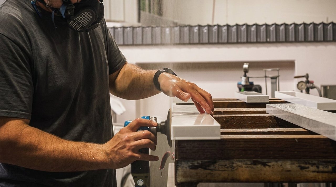 Wet-polishing the edge of a white quartz countertop