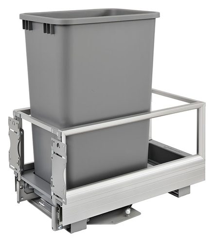 Aluminum Bottom Mount Pull-Out Waste Container with Rev-A-Motion — Rev-A-Shelf cabinet organizer