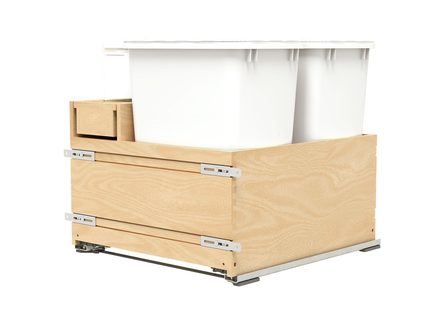Wood Base Cabinet Waste Pull-Out with Container and an OXO Container — Rev-A-Shelf cabinet organizer