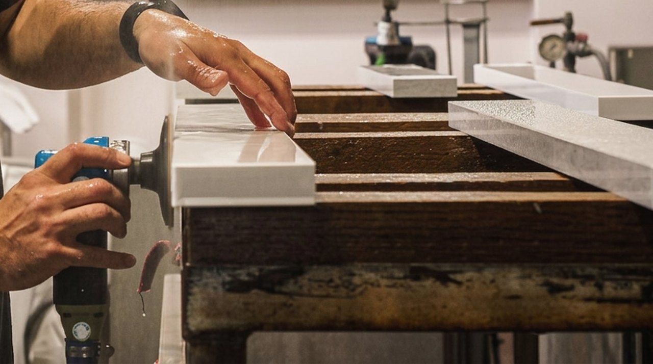 Wet-polishing a countertop edge by hand on a fabrication bench