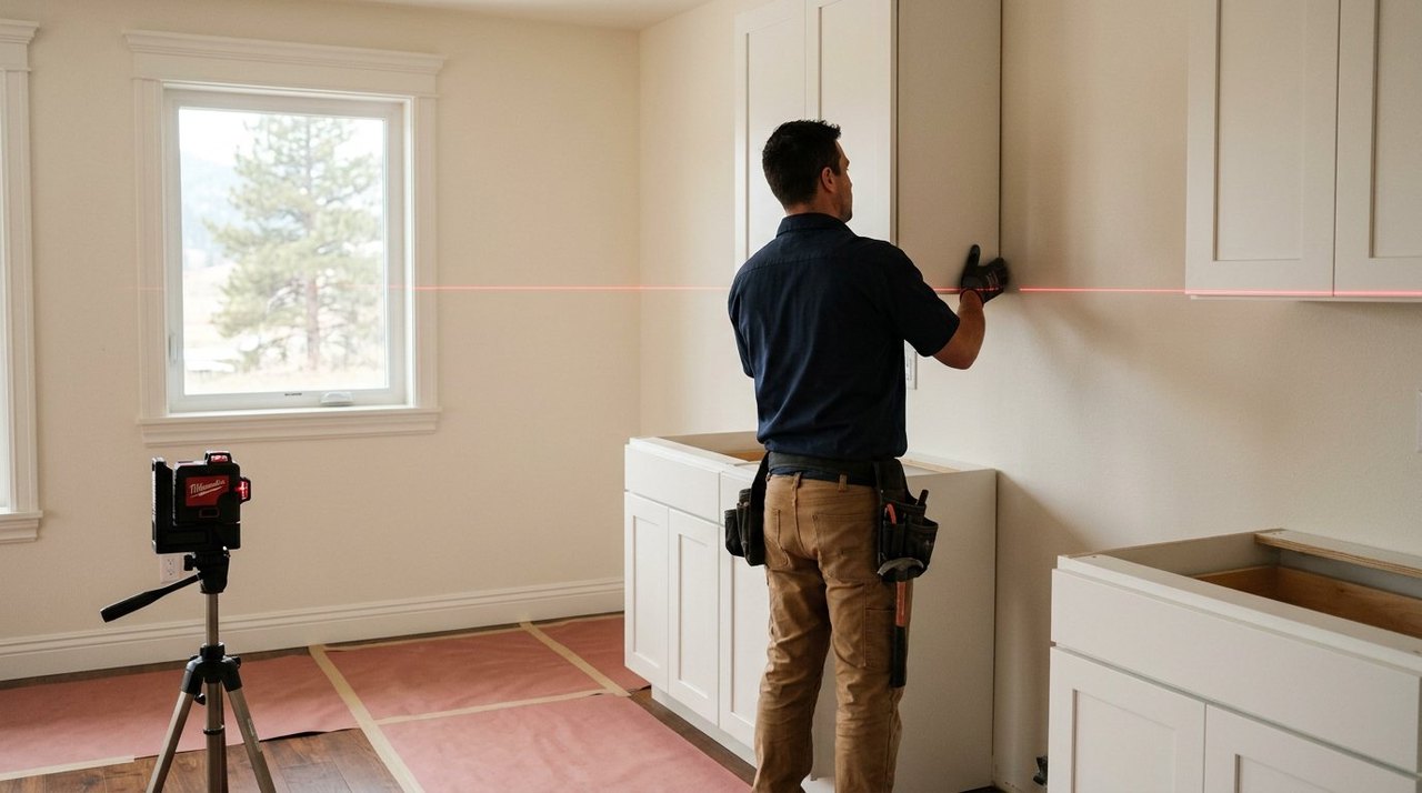 Installers setting a cabinet in a kitchen